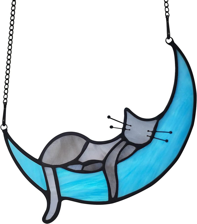 BOXCASA Handcrafted Grey Cat on Moon Stained Glass Suncatcher - Decorative Window Hanging for Cat Lovers, Mothers Day for Women,Mom,Daughter,Wife - Image 1
